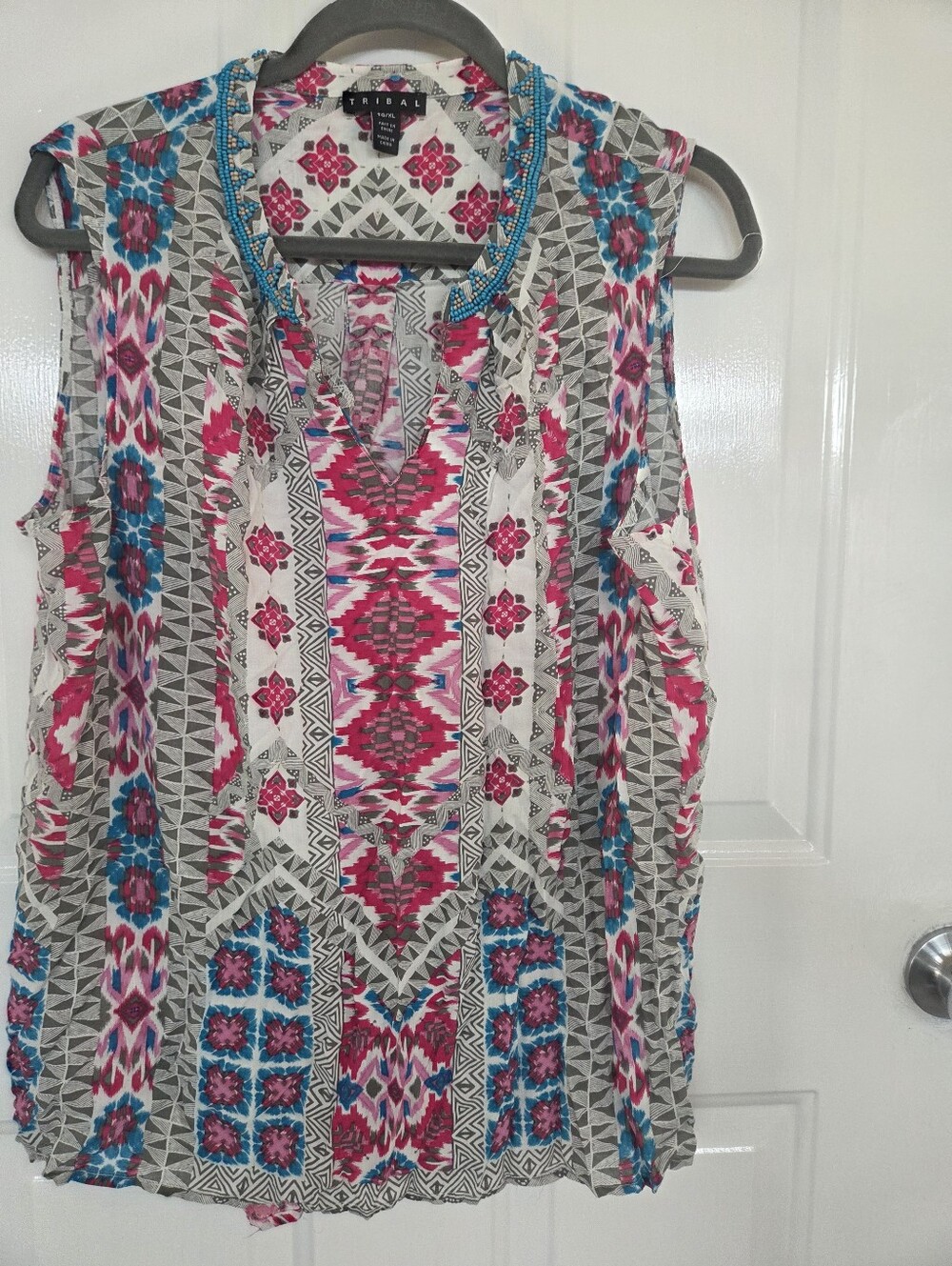 Tribal Multicolor Geometric Sleeveless V-Neck Top teal beaded neck boho XL